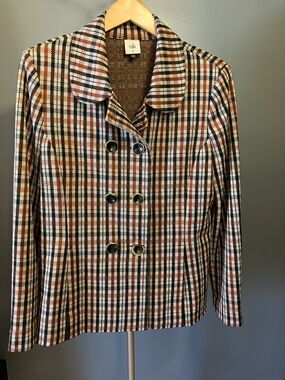 CAbi Double-Breasted Plaid Blazer in Brown, Black & Cream